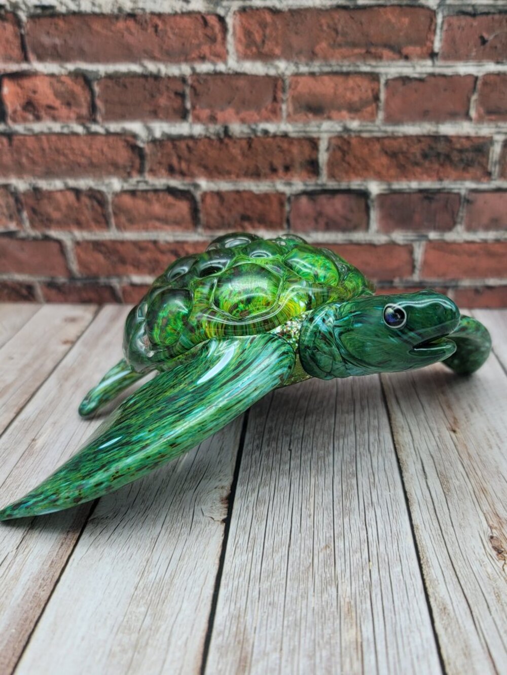 Michael Hopko Hand Blown Art Glass Sea Turtle Medium 8" Sculpture Green Signed